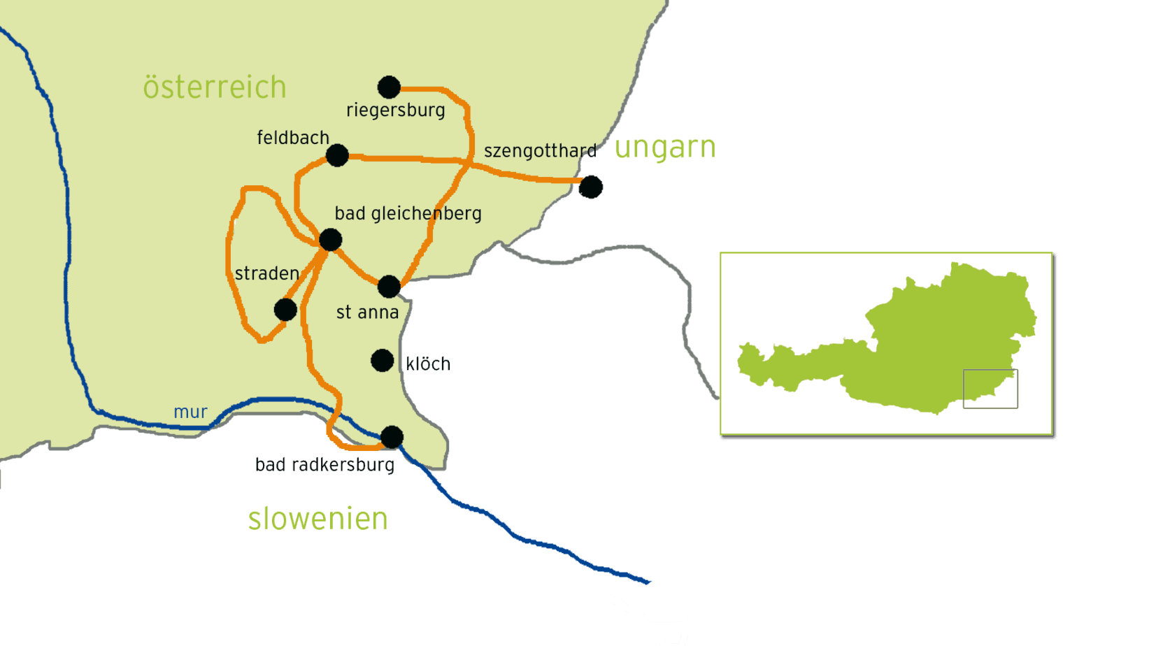 Karta över dagsturerna vid cykelsemester i Österrikes vulkanregion.