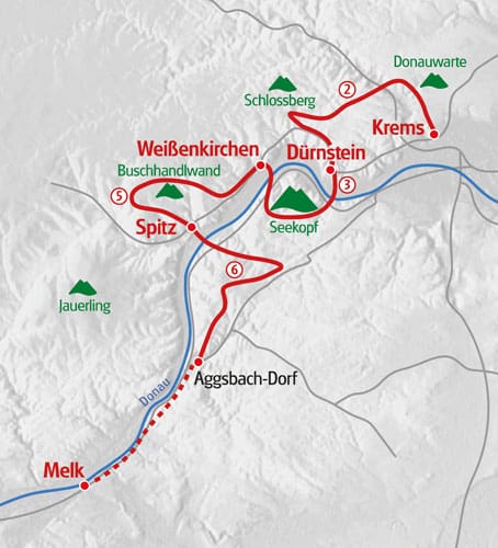 Rutt karta Vandra på Wachau World Heritage Trail