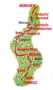 Karta rutt Cykla från München till Meran-Gardasjön